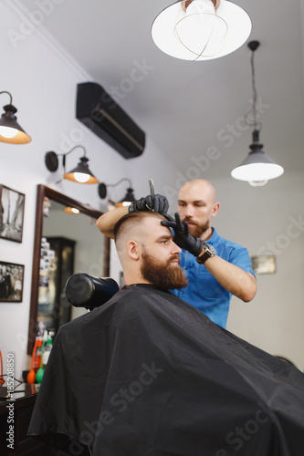 Male Professional Hairdresser Serving Client Shaving Thick Big