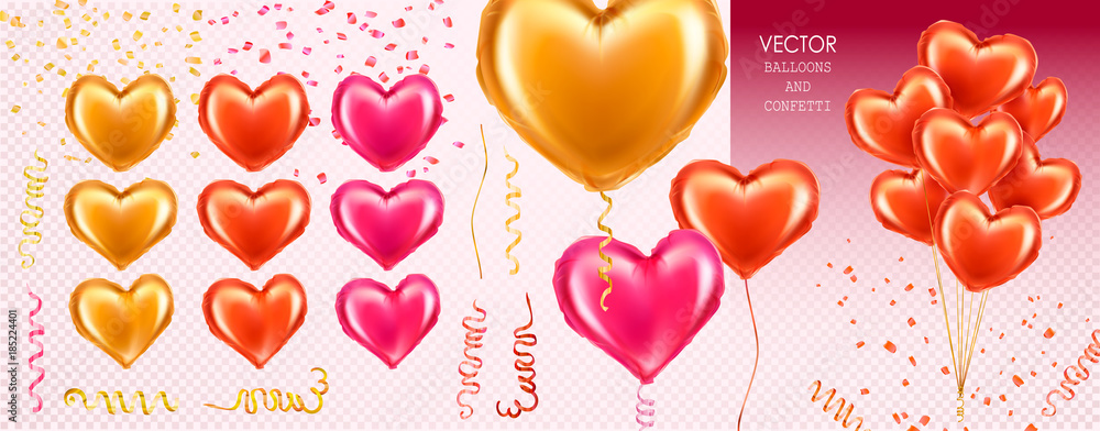 3d Vector collection with realistic red, gold, pink balloons heart ...