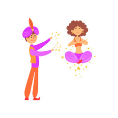 Sticker - Magician showing trick with levitating woman. Cartoon circus artists. Man in vest, shirt, pants and turban with feather. Female in trousers and top. Flat vector design