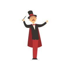 Sticker - Cheerful magician holding magic wand. Cartoon male character in elegant tuxedo with red cape and cylinder hat. Circus performance. Flat vector design