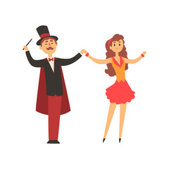 Sticker - Magician and his assistant girl standing with smiling faces. Moustached man in suit with red cape and top hat. Curly-haired woman in colorful short dress. Circus performance. Flat vector illustration.