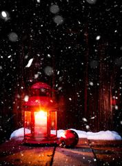 Sticker - red christmas lantern and snowy wooden background