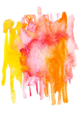 Sticker - Abstract painting with red, pink, orange and yellow watercolour paint blots and strokes on white