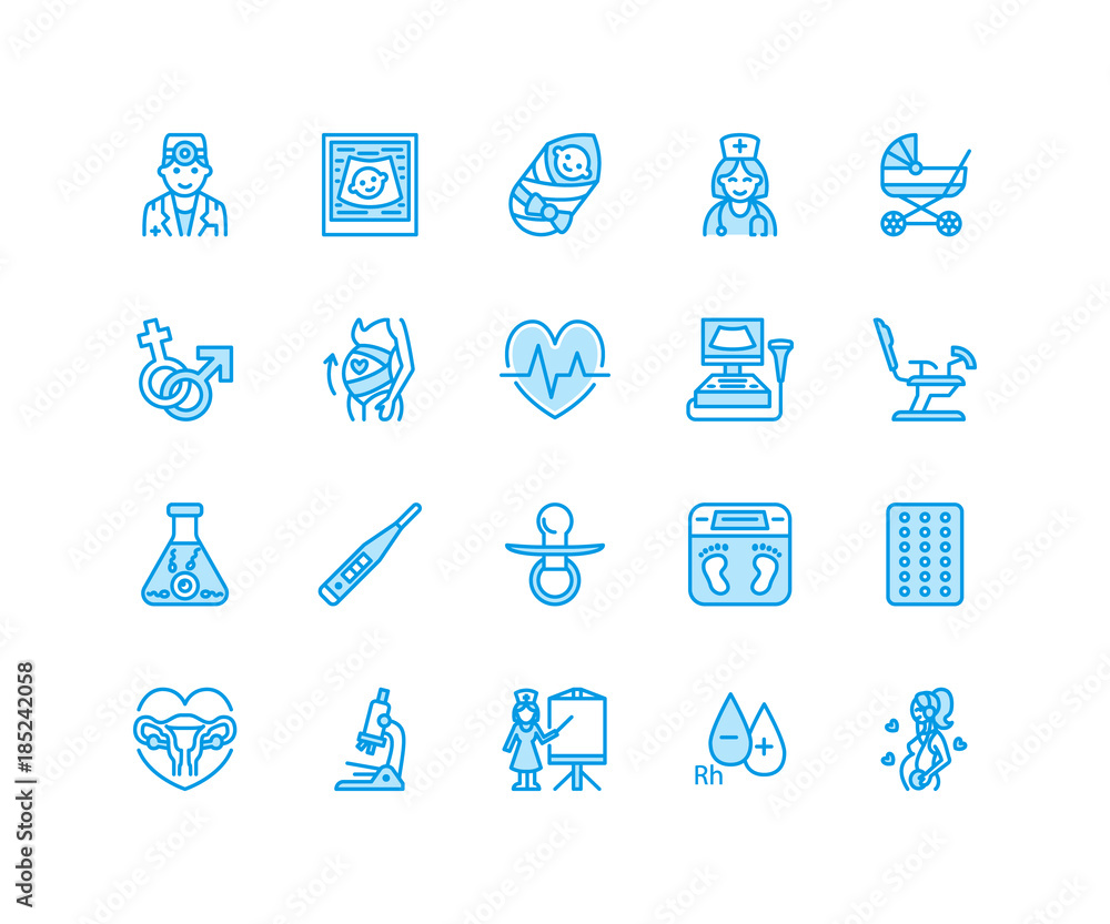 Obstetric Code Icon Gynecology, obstetrics vector flat line icons. Pregnancy medical ...