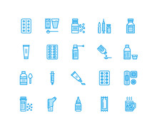 Medicines, Dosage Forms Line Icons. Pharmacy Medicaments, Tablet, Capsules, Pills, Antibiotics, Vitamins, Painkillers. Medical Threatment, Health Care Linear Signs For Drug Store Pixel Perfect 64x64