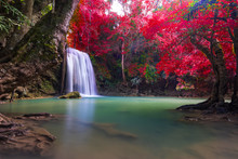 Waterfall At Colorful Autumn Forest. Waterfall Beautiful Asia Southeast Asia.