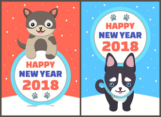 Wall Mural - Happy New Year 2018 Dogs Set Vector Illustration