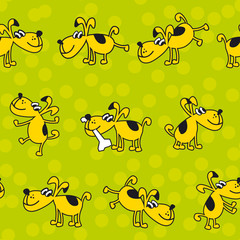 Cute kid style dog pat seamless pattern. Little dog mascot with bone for surface design, wrapping paper.