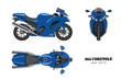 Blue motorcycle in realistic style. Side, top and front view. Detailed image of bike on white background