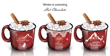 Winter drinks with marshmallow. Red mugs Vector realistic illustration