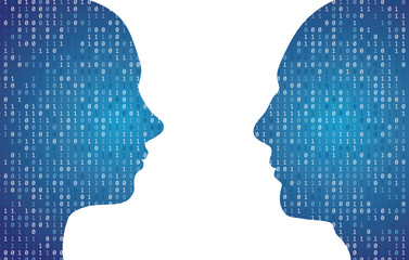 Wall Mural - human head silhouette with binary code data. 3d rendering