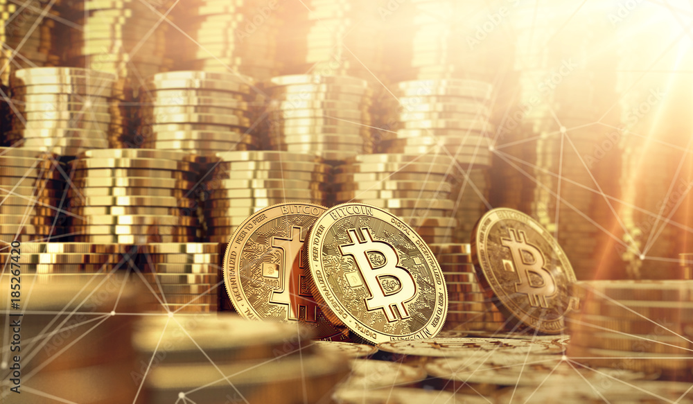 Golden Bitcoin coins and blockchain nodes around in blurry closeup. Copy space above. 3D rendering