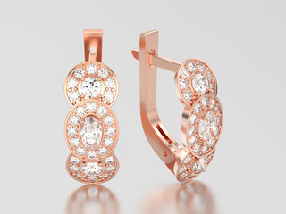 3D illustration rose gold decorative diamond earrings with hinged lock