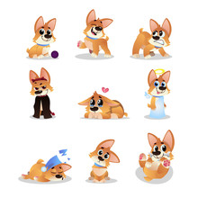 Set Of Cartoon Corgi. Funny Little Dog In Different Actions. Walking, Wondering, Sleeping, Growling, Playing, Crying, Angel And Evil. Domestic Animal. Flat Vector Design