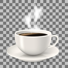 Cup On Saucer. Hot Coffee With Steam. Object On The Transparent Background. Americano Coffee.