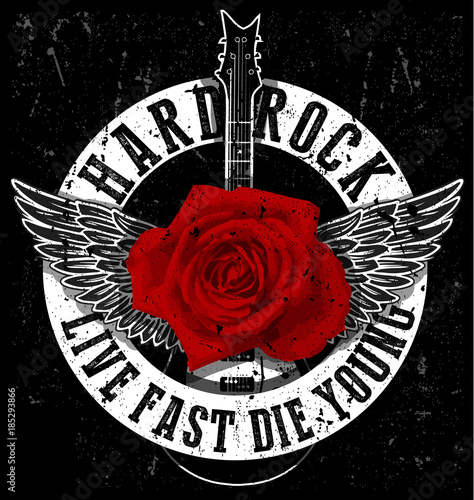 Fototapety Hard Rock  grunge-nadruk-na-koszulke-z-gitara-i-skrzydlami-z-haslem-zyj-szybko-umieraj-mlodo
