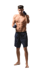 Wall Mural - Attractive young boxer on white background