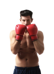 Wall Mural - Attractive young boxer on white background