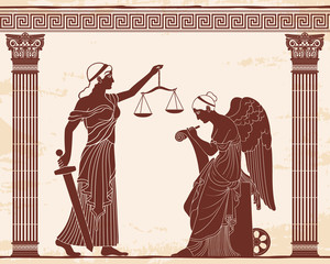 Wall Mural - Ancient Greek goddess Themis holds a sword and scales in her hands and Nemesis with the wings. Vector vintage drawing. Brown pattern on a beige background with the aging effect.