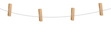 Clothes Pins On A Clothes Line Rope  - Four Wooden Pegs Holding Nothing.