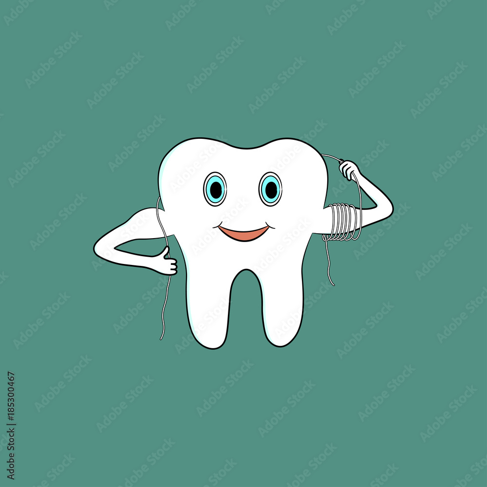 Cartoon tooth uses dental floss Stock Vector | Adobe Stock