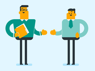 Sticker - Two young caucasian white confident businessmen talking. Business partners giving each other hands for a handshake. Colleagues discussing business project. Vector cartoon illustration. Square layout.