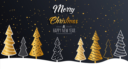 Merry Christmas greeting card with gold elements and modern Christmas trees. Vector illustration.