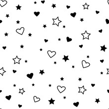 Seamless Pattern With Black Hearts And Stars On White Background. Vector Illustration