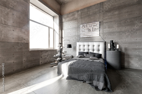 Plakat Nowożytna pusta sypialnia w loft stylu z szarymi kolorami i drewnianą ręcznie robioną choinką z teraźniejszość.