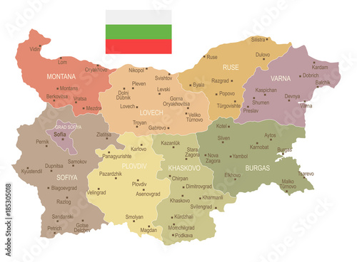 Cuadros en Lienzo Bulgaria - vintage map and flag - Detailed Vector Illustration