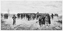 Large Amount Of War Prisoners Surrounded By Opposite Soldiers Standing On A Grassland. Mentana Battle Prisoners. By E. Matania Published On Garibaldi E I Suoi Tempi Milan Italy 1884