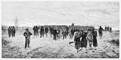 Large amount of war prisoners surrounded by opposite soldiers standing on a grassland. Mentana battle prisoners. By E. Matania published on Garibaldi e i Suoi Tempi Milan Italy 1884