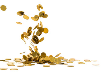 Falling gold coins money isolated on the white background, business concept.