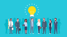 Team Of Business People Holding Light Bulb New Creative Idea Concept Group Of Successful Businesspeople Startup Flat Vector Illustration