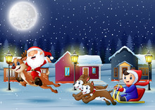 Cartoon Boy Riding Sled On The Snowing Village With Santa Ride Reinder 
