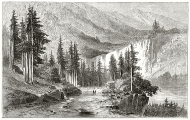 Majestic natural landscape with the Black forest, Germany. Two small people on a path close to big trees, mountains on background. By Lancelot and Gauchard published on Le Tour du Monde Paris 1862