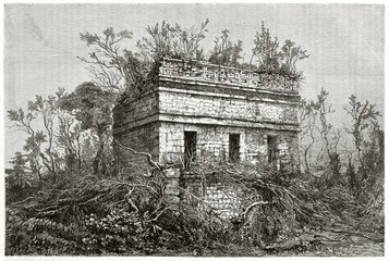 Ancient stone temple quite hidden by south american vegetation. Chichen-Chob or Red House Mayan edifice in Chichen-Itza Yucatan Mexico. By Guaiaud published on Le Tour du Monde Paris 1862