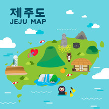 Jeju Island Travel Map Vector Illustration, Attractions In Flat Design. Korean Character Is " Jeju Island "