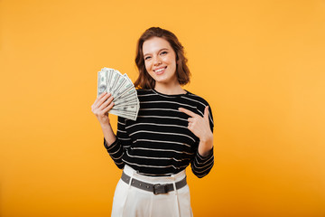 Sticker - Portrait of a happy woman pointing finger