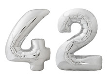 Silver Number 42 Forty Two Made Of Inflatable Balloon Isolated On White