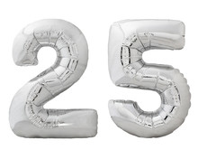 Silver Number 25 Twenty Five Made Of Inflatable Balloon Isolated On White