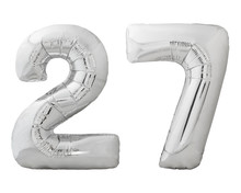 Silver Number 27 Twenty Seven Made Of Inflatable Balloon Isolated On White