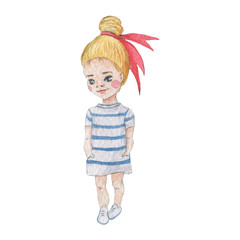 Vintage style watercolor painting - Little Girl. Baby girl in a striped dress and with blond hair.