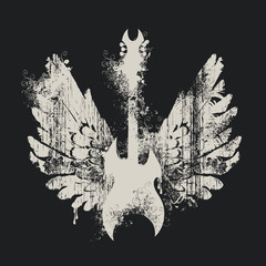 Wall Mural - Vector illustration with an electric guitar and wings with splashes and curls on black background in grunge style