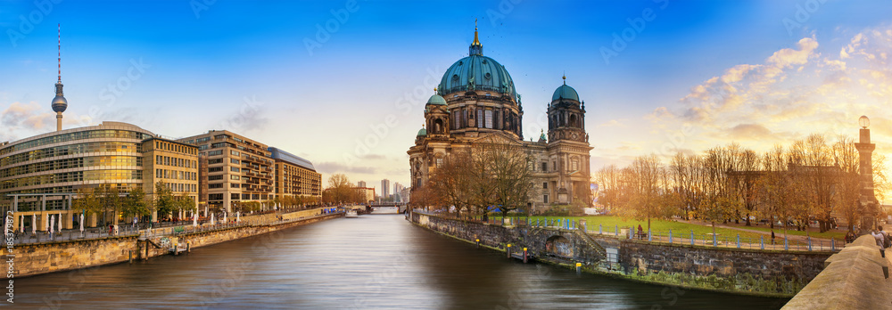Beautiful panoramic view of Berlin Dome during sunset against  blue sky - obrazy, fototapety, plakaty 