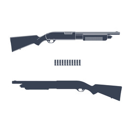 Wall Mural - Shotgun, hunting rifle and silhouette isolated over white, vector illustration