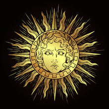 Hand Drawn Antique Style Sun With Face Of The Greek And Roman God Apollo. Flash Tattoo Or Print Design Vector Illustration
