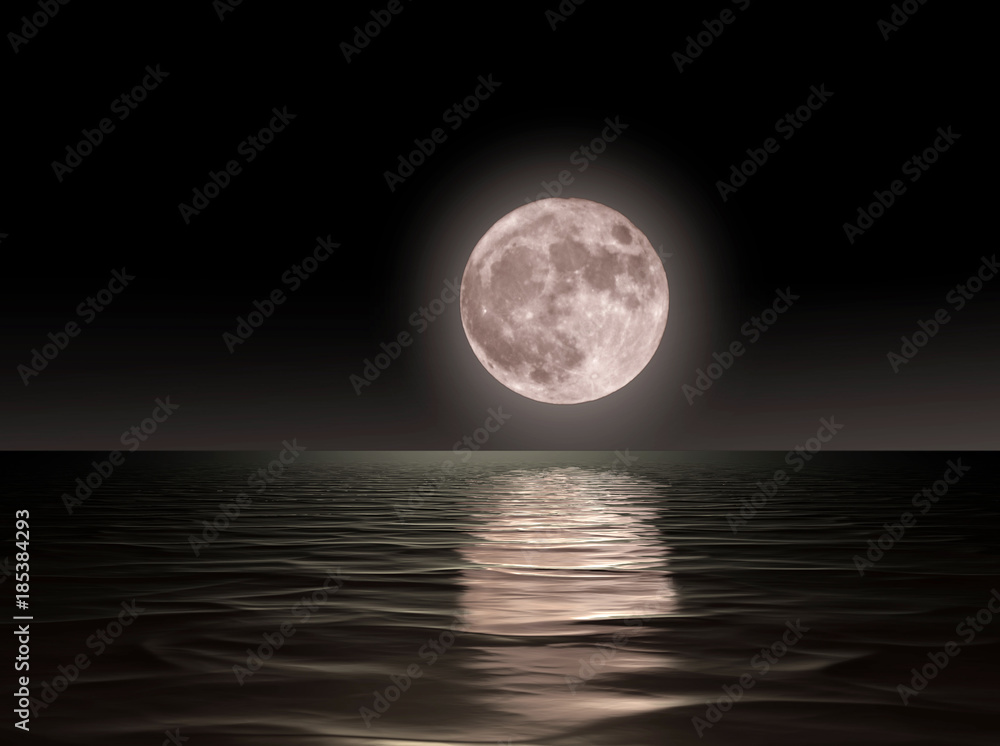 Red moon rising on the ocean. - obrazy, fototapety, plakaty 