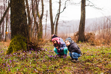 Wall Mural - Children admire of the spring flowers