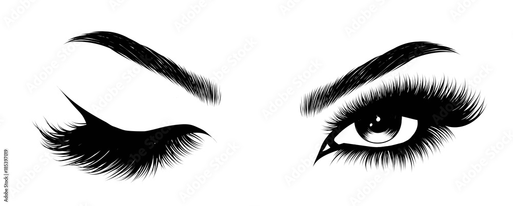 Hand-drawn woman's sexy makeup look with perfectly perfectly shaped eyebrows and extra full lashes. Idea for business visit card, typography vector.Perfect salon look - obrazy, fototapety, plakaty 